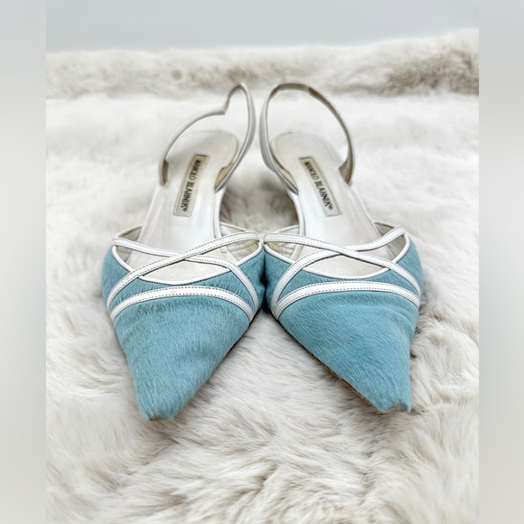 RARE Manolo Blahnik light blue pony hair leather lace-up slingback heels 37 US 7 - Picture 5 of 12